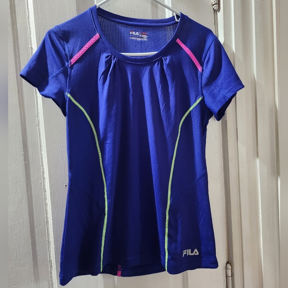 Fila Blue Athletic Running T-Shirt with Pink and Green Accents In Size Medium